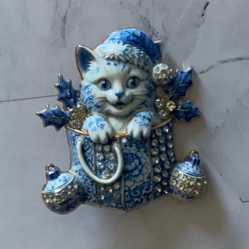 Enamel Christmas Cat Brooch Blue White Rhinestone Chinoiserie Holiday Kitten Pin